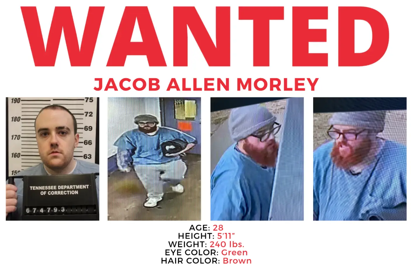 Jacob Morley escaped from prison late on Sunday (Tennessee Department of Correction)