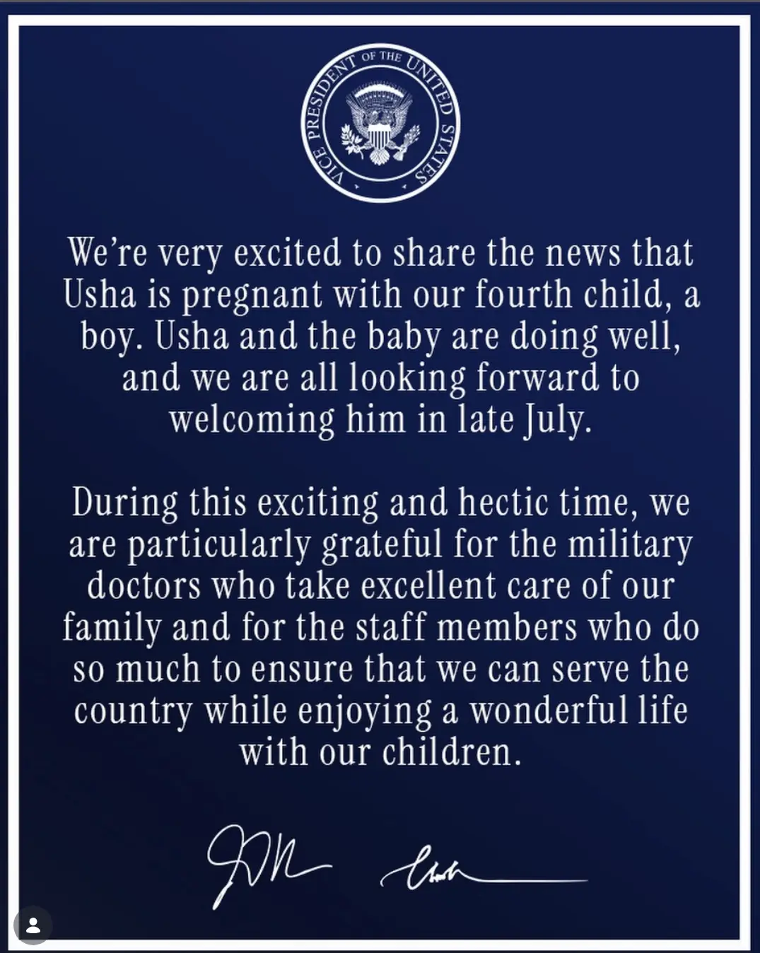 The couple shared the announcement on Instagram (@vp/instagram)