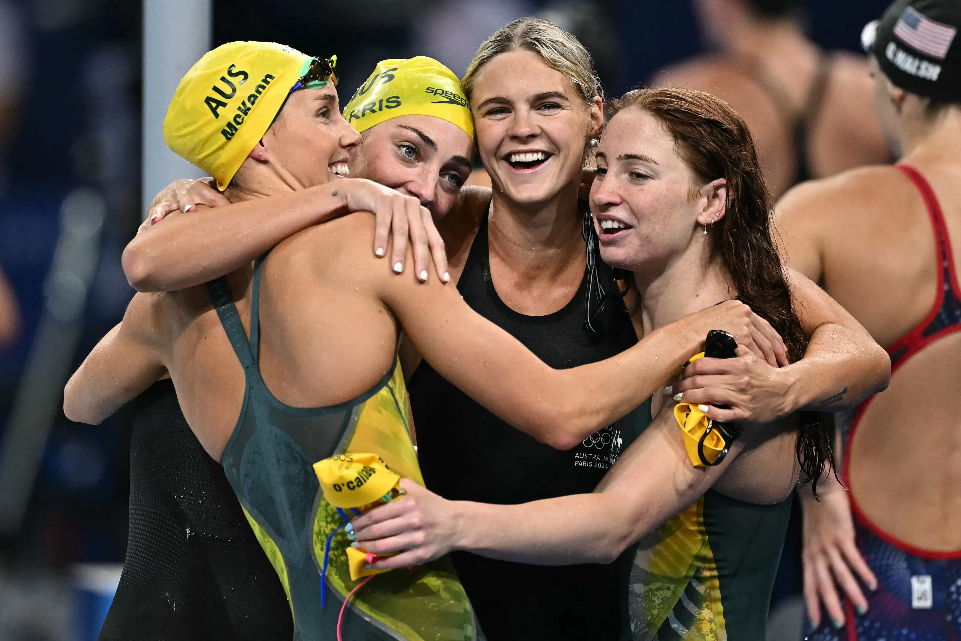 Australia's women's 4x100m freestyle relay team took home gold. (Manan VATSYAYANA / AFP) (Photo by MANAN VATSYAYANA/AFP via Getty Images) 