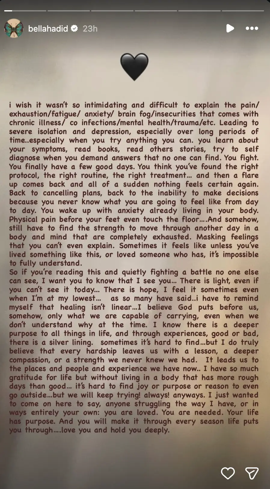 Bella has shared an emotional update about her health (Instagram/BellaHadid)