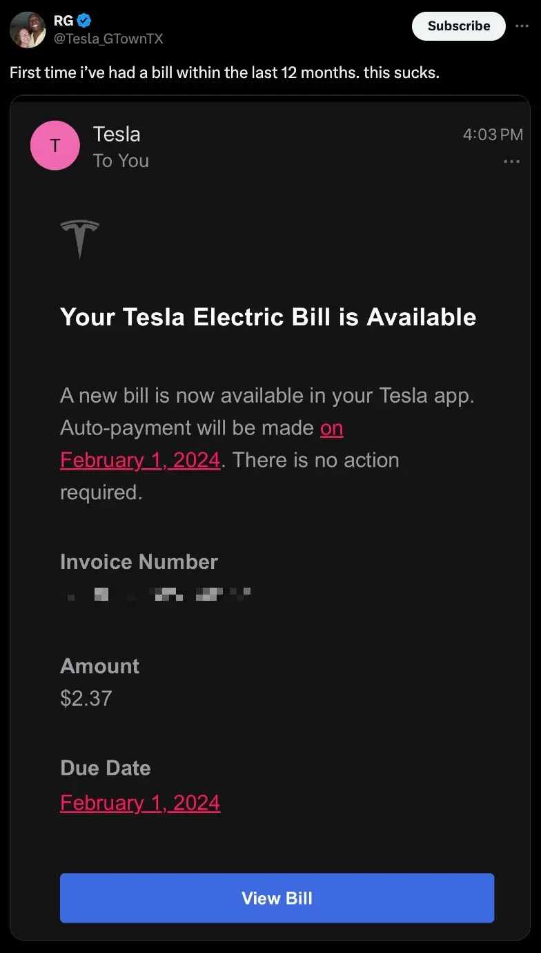 One Tesla driver shared their electricity bill (Twitter/@Tesla_GTownTX)