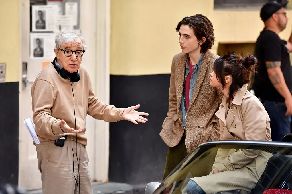 Woody Allen, Timothée Chalamet, and Selena Gomez seen on the set of 'A Rainy Day in New York' (James Devaney/GC Images)