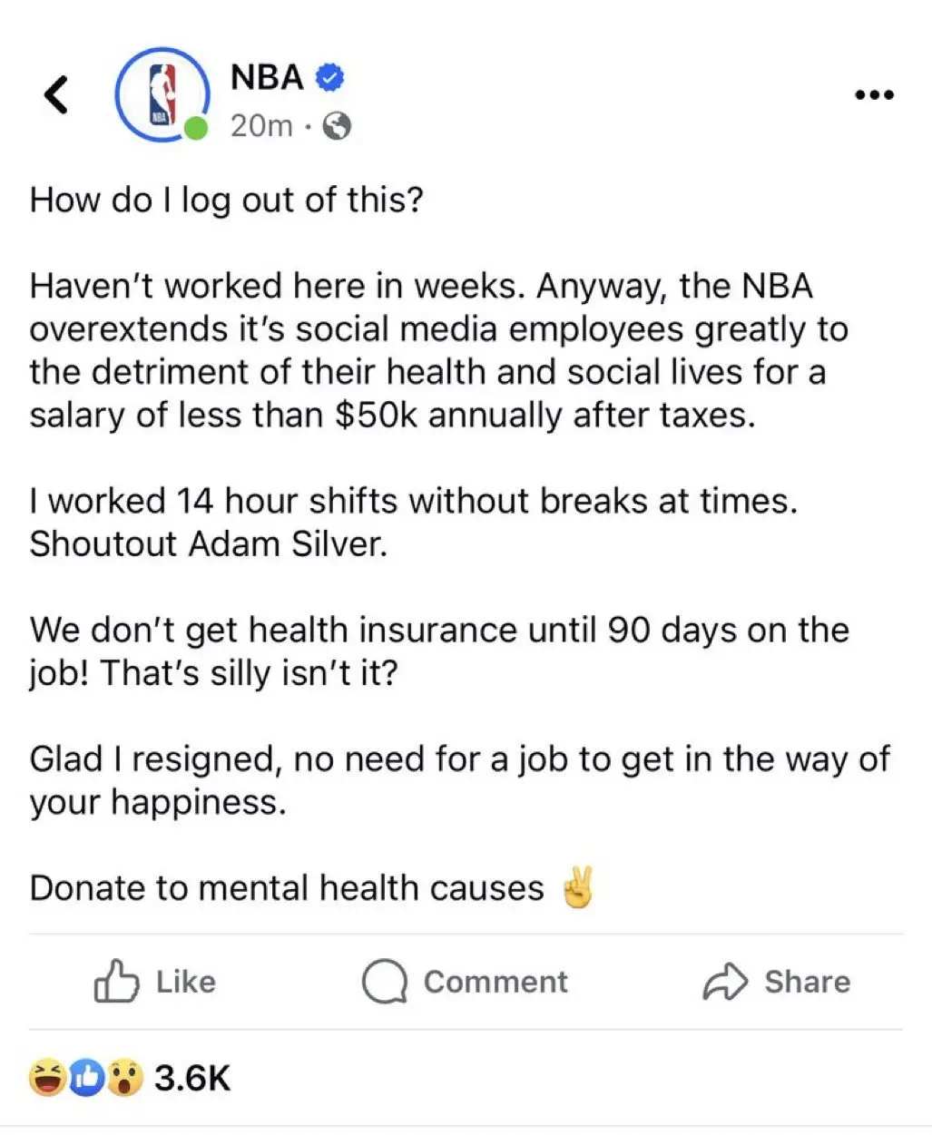 A former NBA worker complained about working for the company on its official Facebook page.