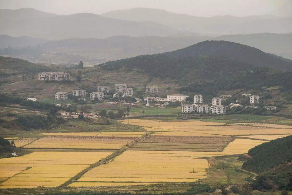 A general view shows farmland in Gaepung county on the North Korean side of the Demilitarized Zone as seen from Aeigibong Peace Ecopark in Gimpo, Gyeonggi Province (ANTHONY WALLACE/AFP via Getty Images)
