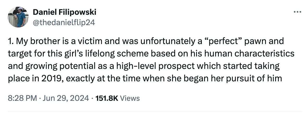 Someone claiming to be Kyle Filipowski's brother has accused Hutchinson of 'grooming' the 20-year-old. (@thedanielflip24/X)