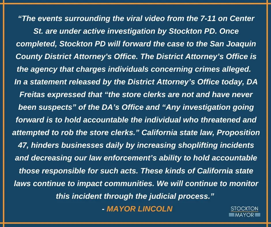 The Mayor of Stockton shared a statement on Twitter.