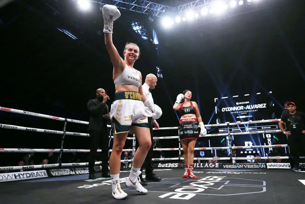 Georgia O'Connor celebrates victory over Erica Juana Gabriela Alvarez during their Super-Welterweight contest at Utilita Arena, in April 2022 (Nigel Roddis/Getty Images)