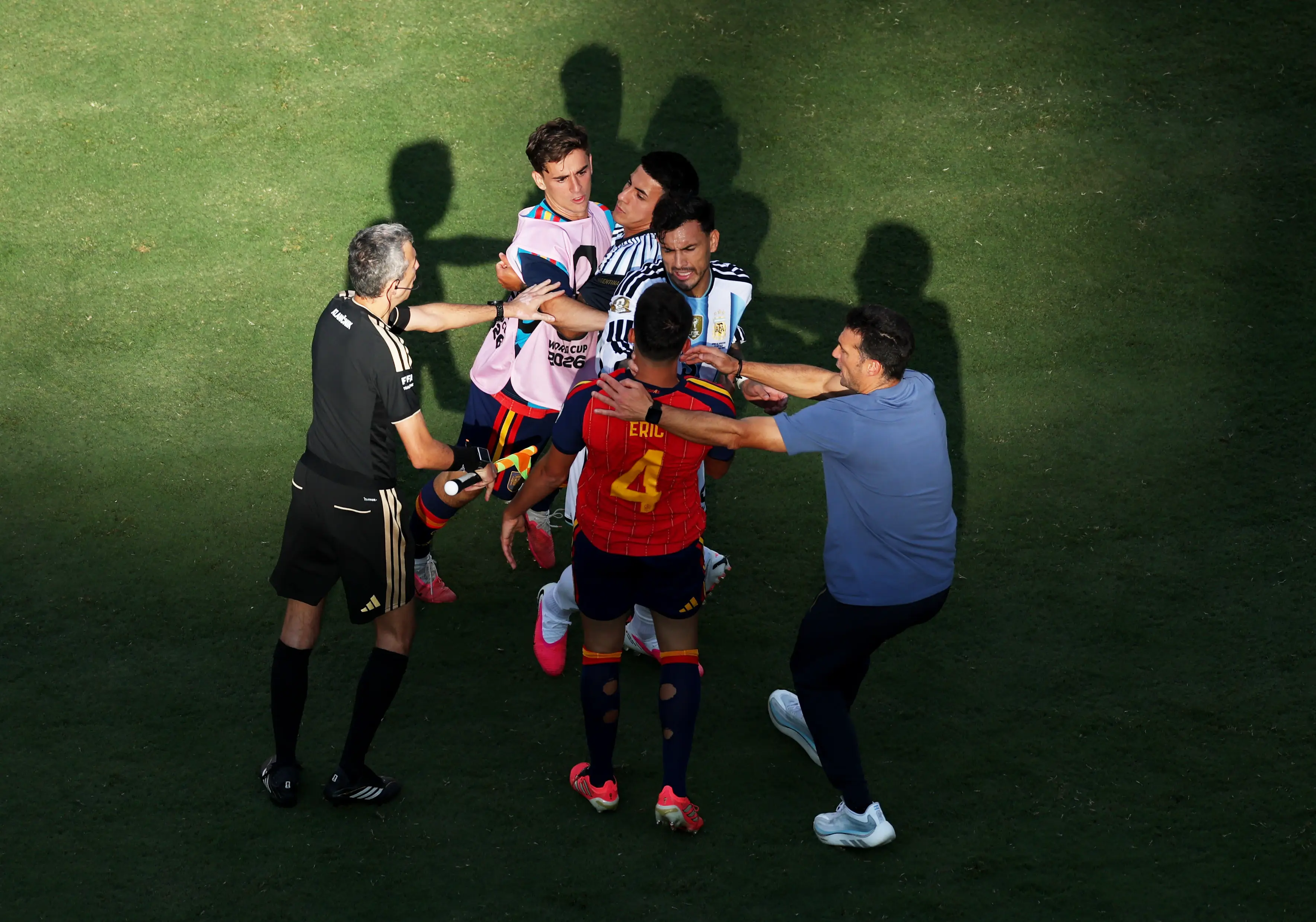 Leandro Paredes #5 of Argentina and Eric Garcia #4 of Spain have words after the FIFA World Cup 2026 Final match (Al Bello / Getty Images)