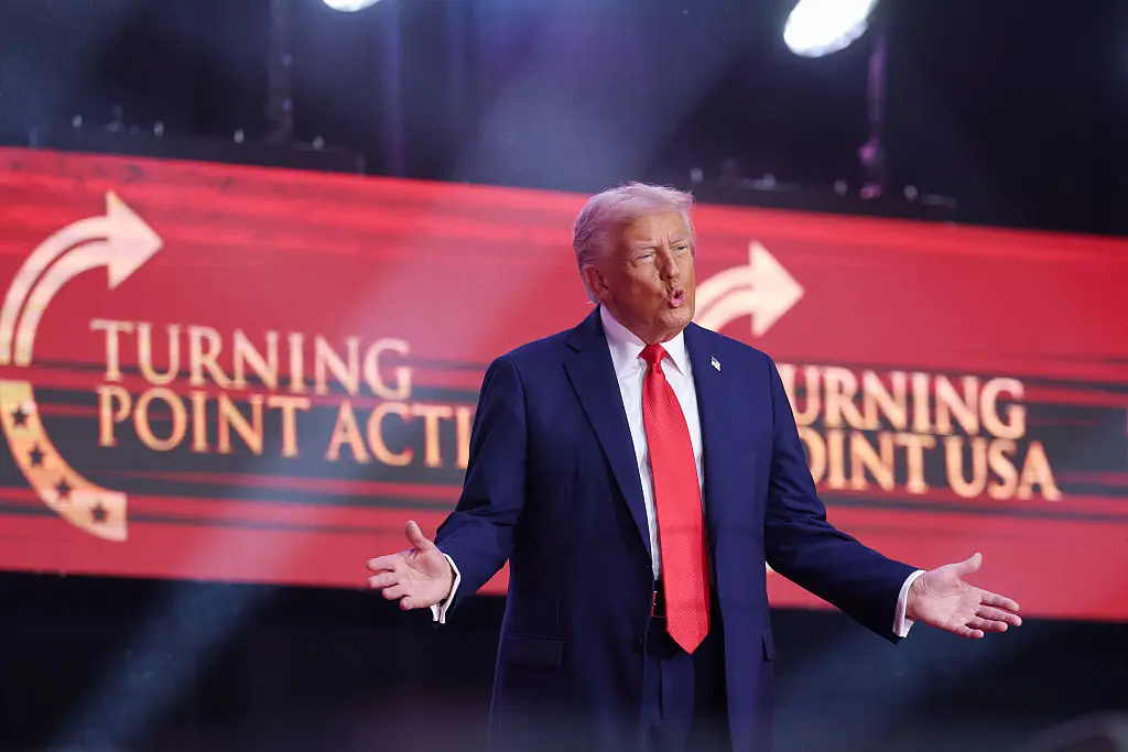 President Donald Trump speaking at Charlie Kirk's memorial event over the weekend (Win McNamee/Getty Images)