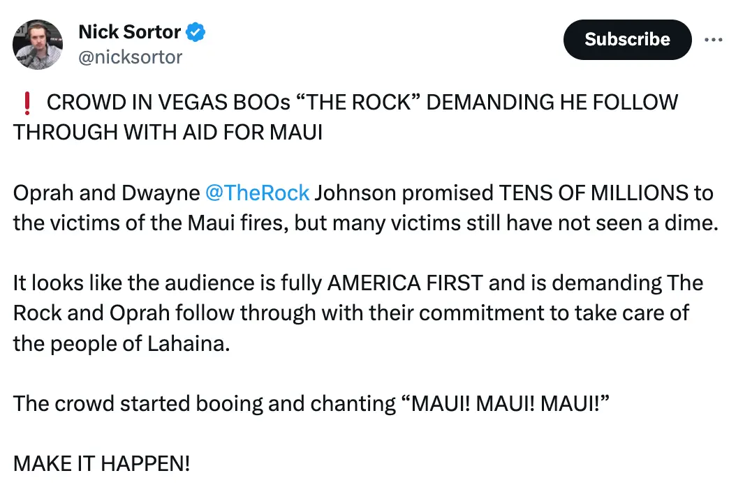 Nick Sortor claimed the crowd was booing Dwayne Johnson over the tragedy in Hawaii.