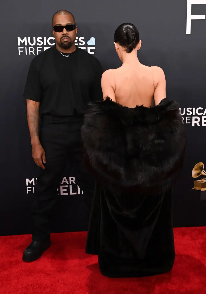 Kanye West and Bianca Censori moments before the 30-year-old's reveal (Jon Kopaloff/WireImage)