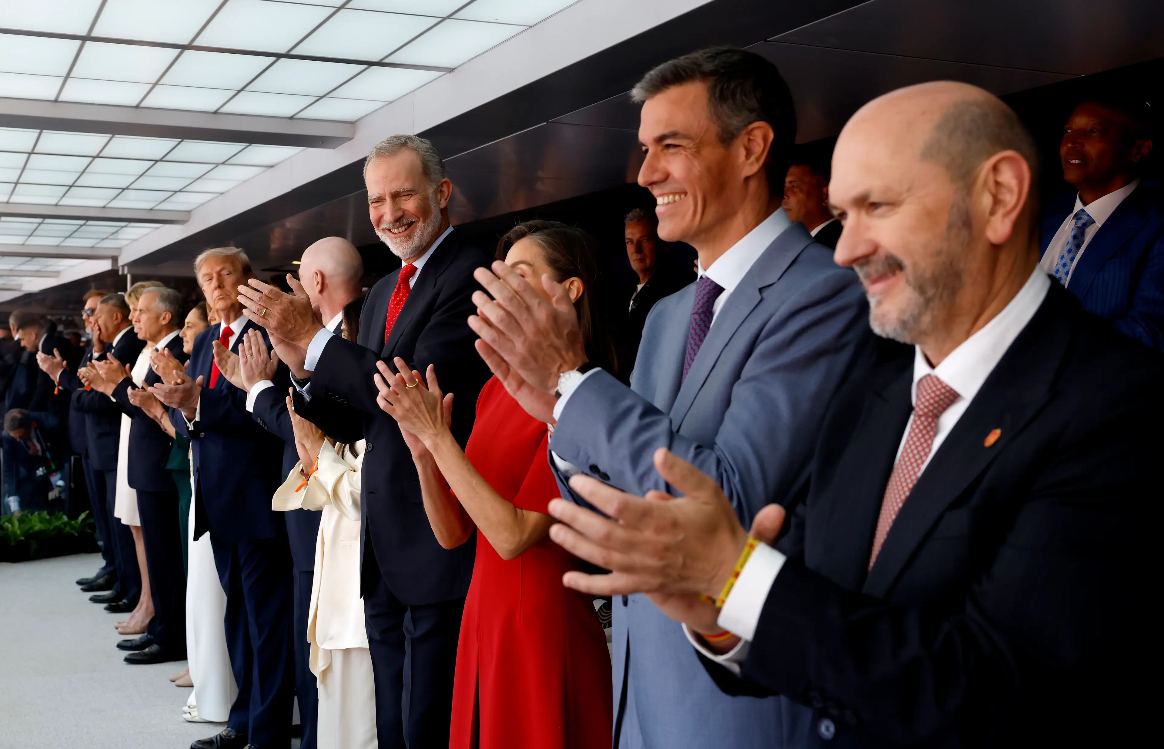 King Felipe VI, Queen Letizia of Spain and Spanish Prime Minister Pedro Sanchez experienced a far more pared back security detail (Eva Marie Uzcategui - FIFA/FIFA via Getty Images)