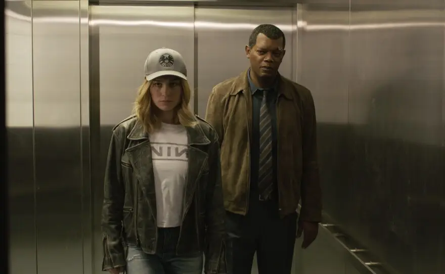 Brie Larson and Samuel L. Jackson in Captain Marvel.