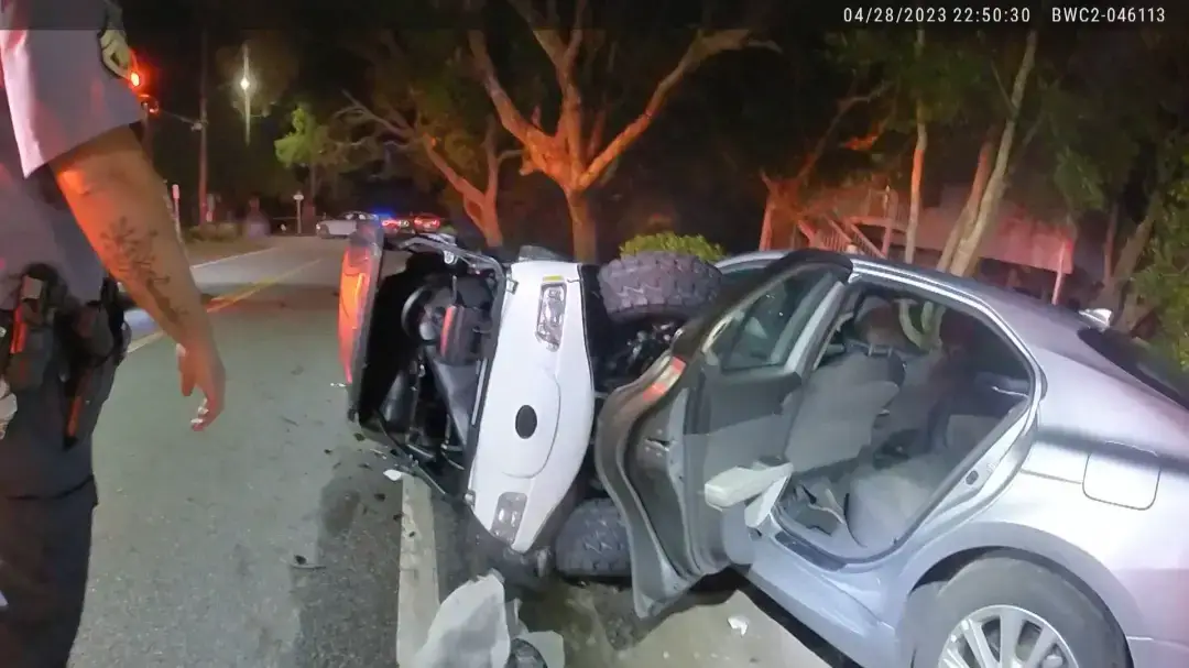 Komoroski's car smashed into a golf buggy (Folly Beach Police Department)