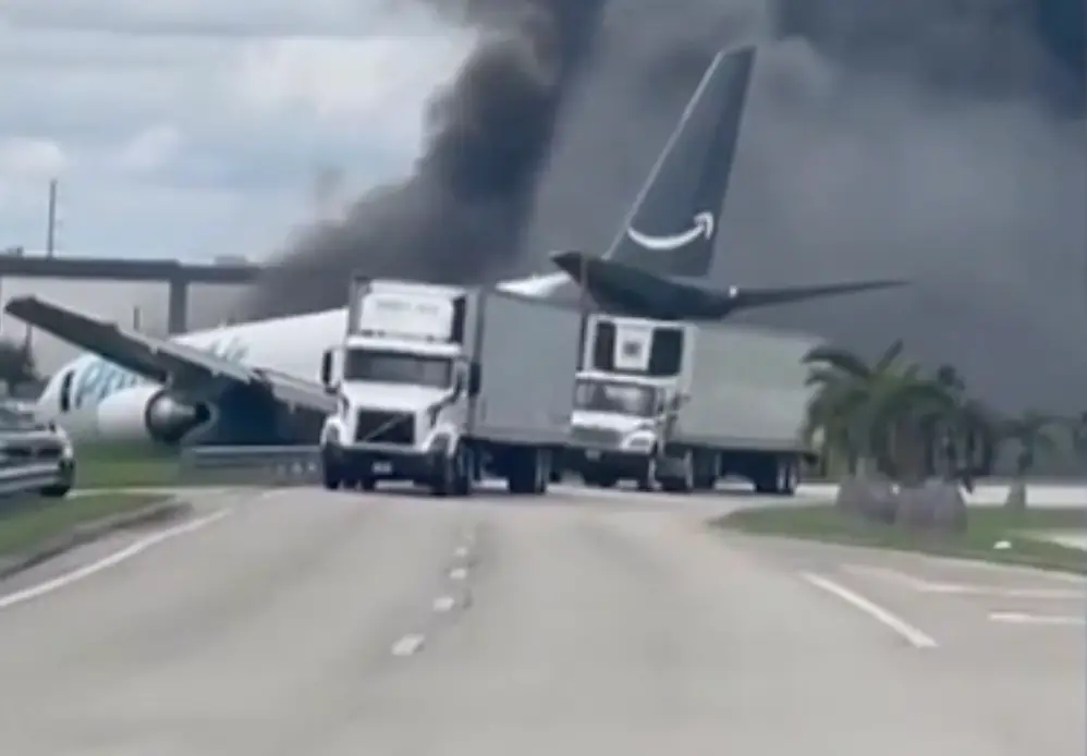 The plane hit two vehicles after it veered off the runaway at Miami International Airport. (Sky News)
