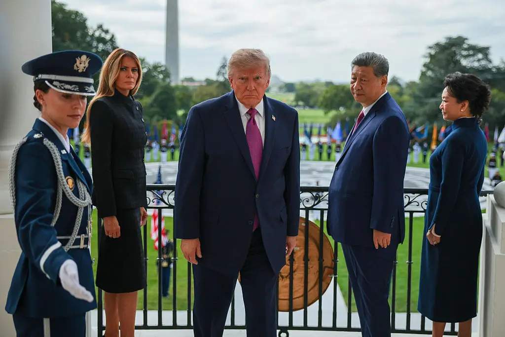Donald Trump presented Xi Jinping with a bald eagle statue he said was designed with Melania Trump and an American artist. (Photo by Chip Somodevilla/Getty Images)