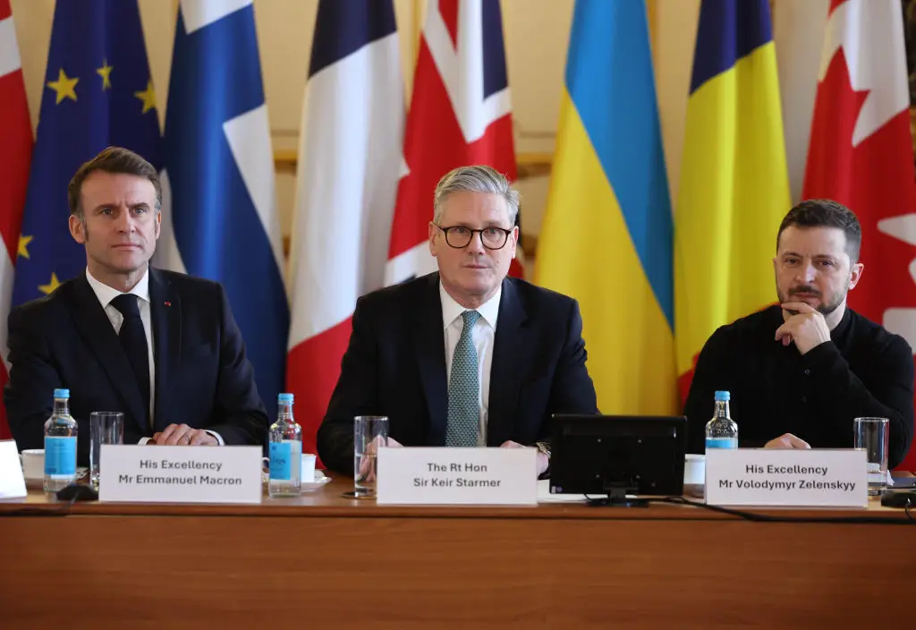 UK Prime Minister Keir Starmer welcomed Ukrainian President Volodymyr Zelenskyy and French President Emmanuel Macron to London to discuss security guarantees Europe can offer Kyiv in the event of a ceasefire with Russia (Neil Hall/EPA/Bloomberg via Getty Images)