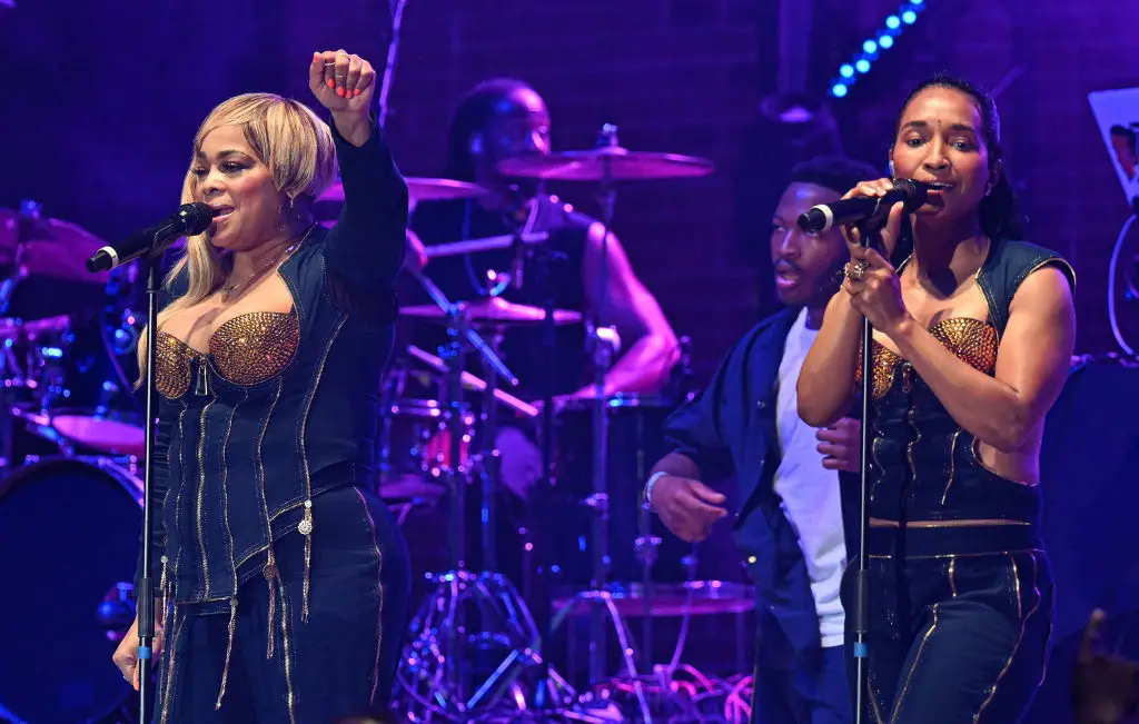 Tionne 'T-Boz' Watkins and Rozonda 'Chilli' Thomas of TLC on stage in Georgia last month. (Paras Griffin/Getty Images)