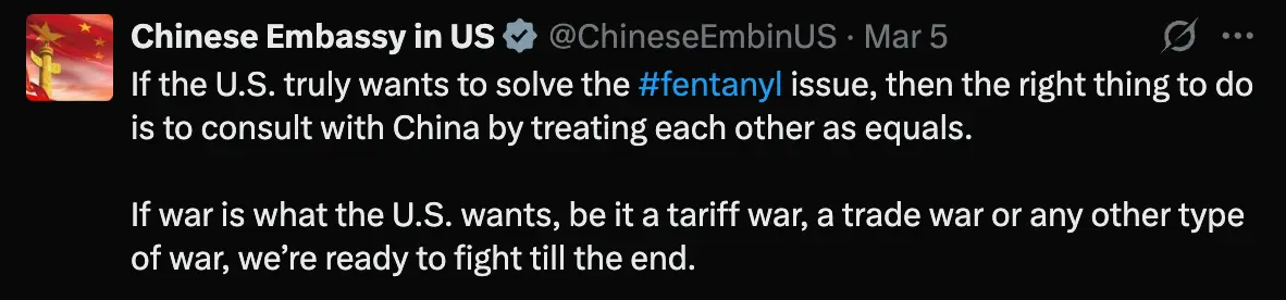 The Chinese Embassy in the US says the country is 'ready' for 'any type of war' with the US (Twitter/@ChineseEmbinUS) 