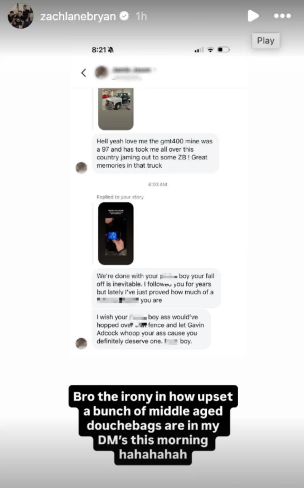 Bryan exposed the 'ironic' reaction to his joke on Instagram (Zach Bryan/Instagram)