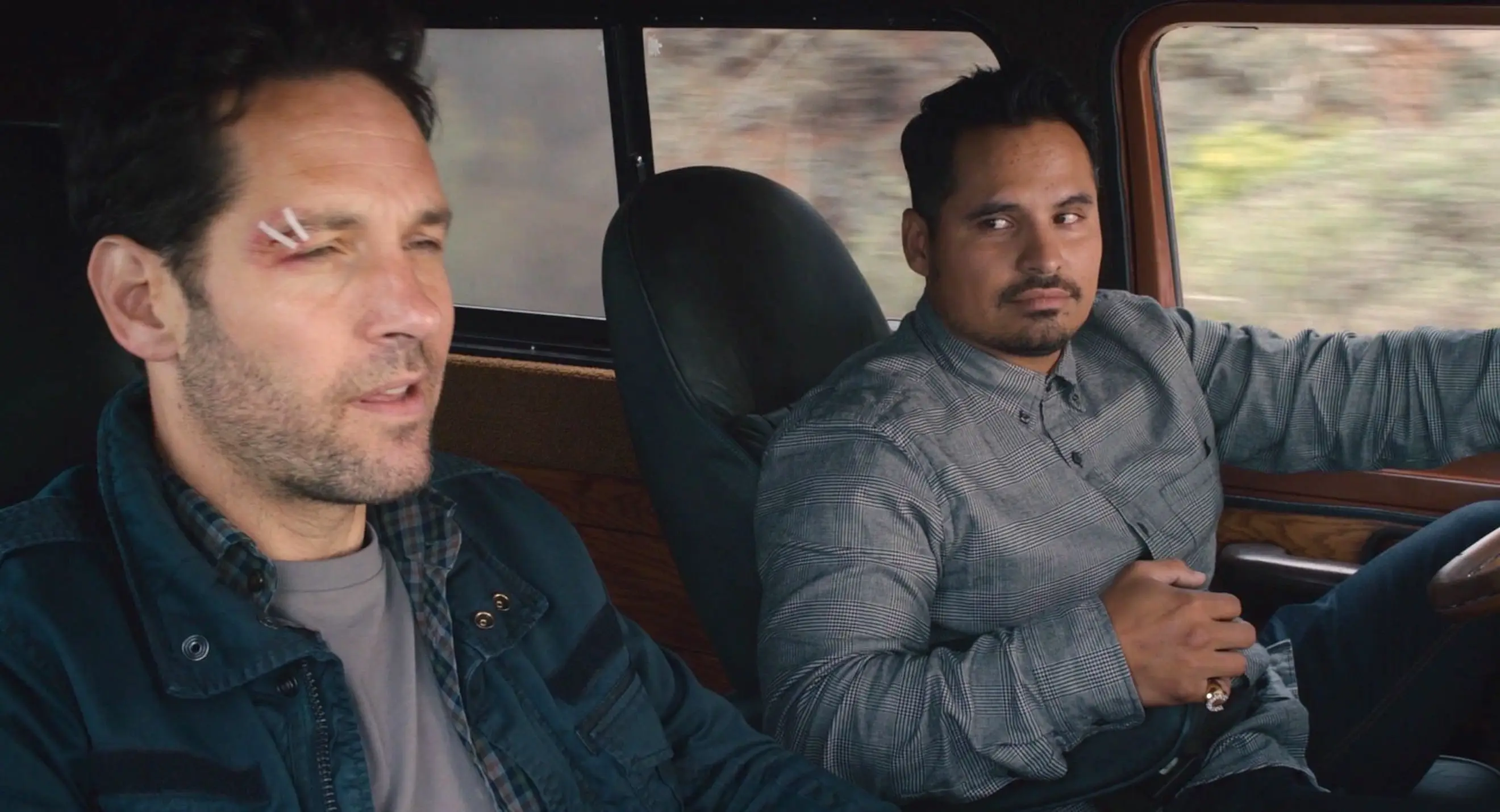 Paul Rudd as Ant-Man alongside Michael Peña as Luis.