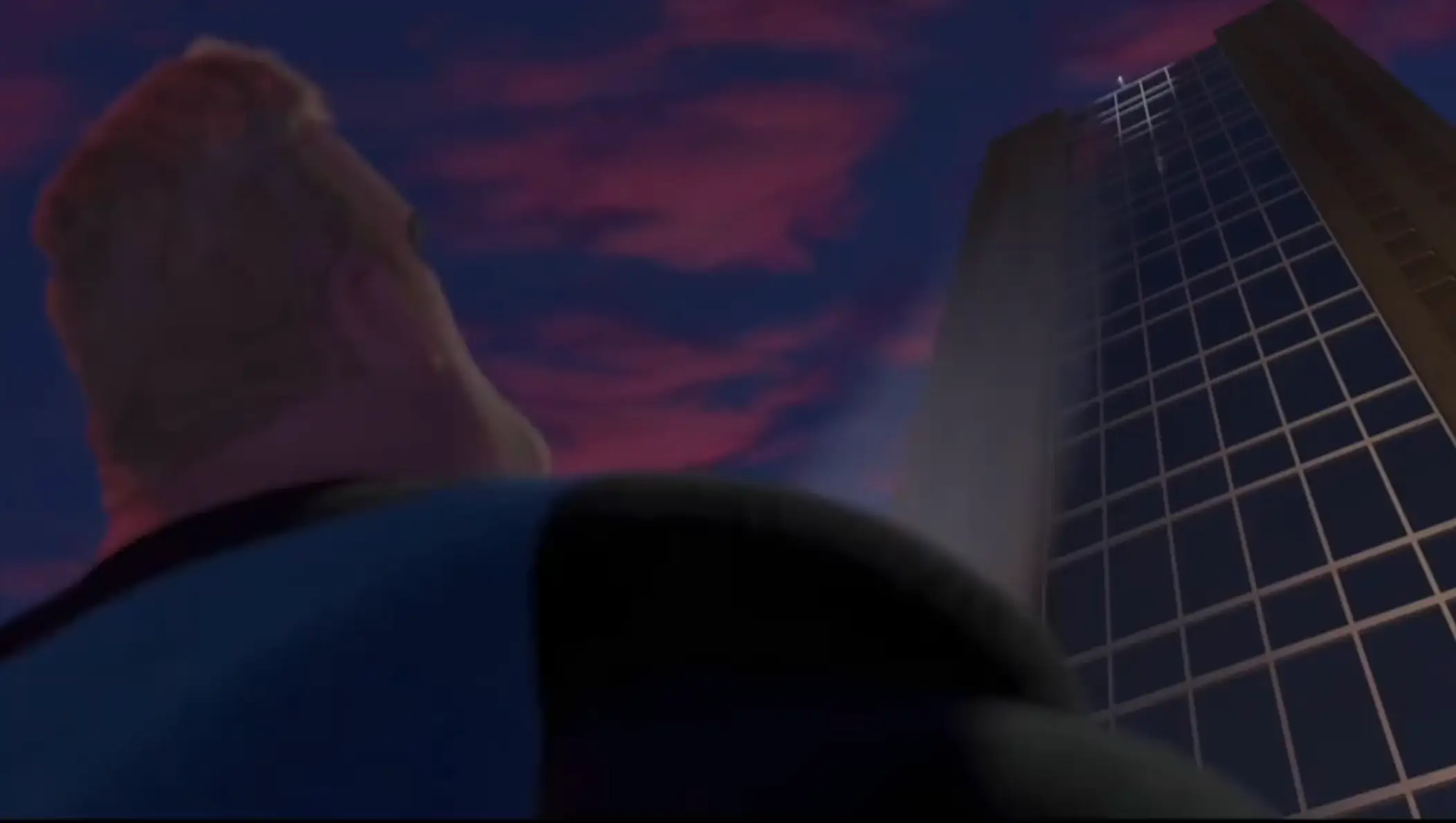 Mr Incredible saves someone who jumps off a building.
