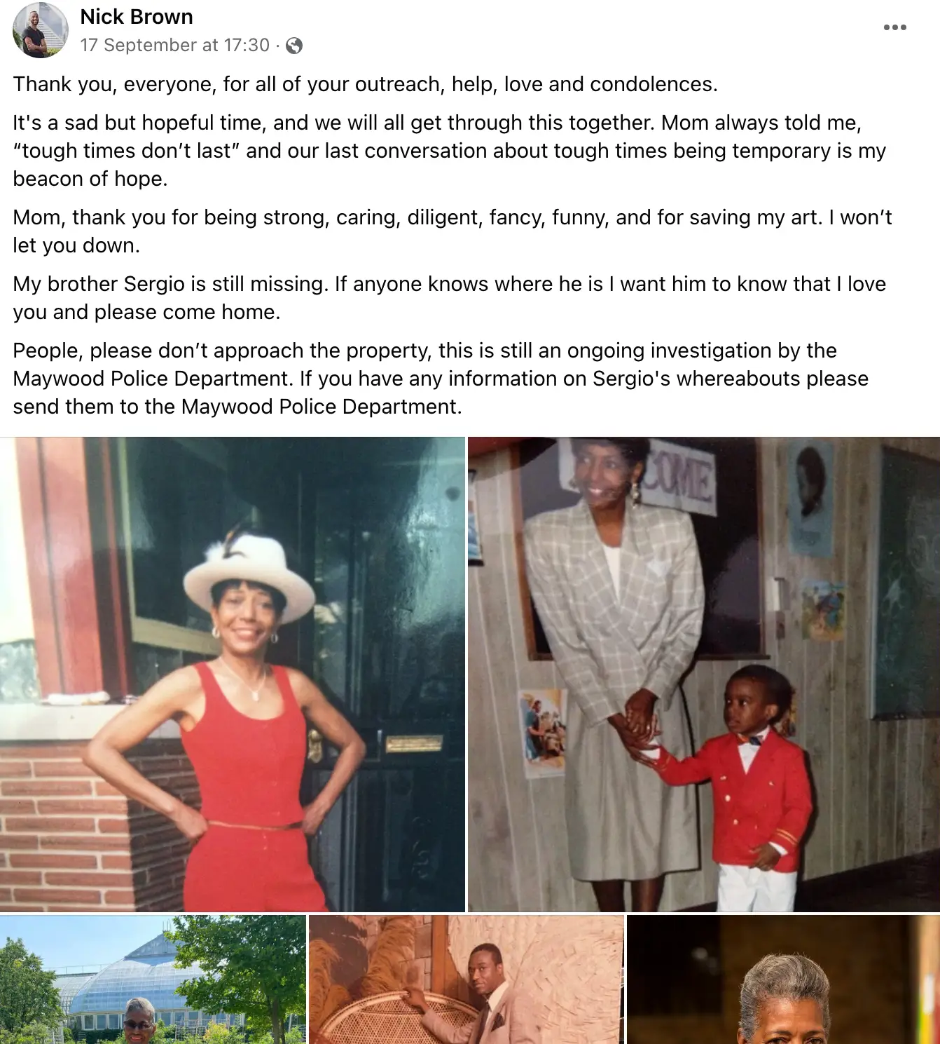 Sergio's brother, Nick, posted a tribute to his late mother on Facebook.