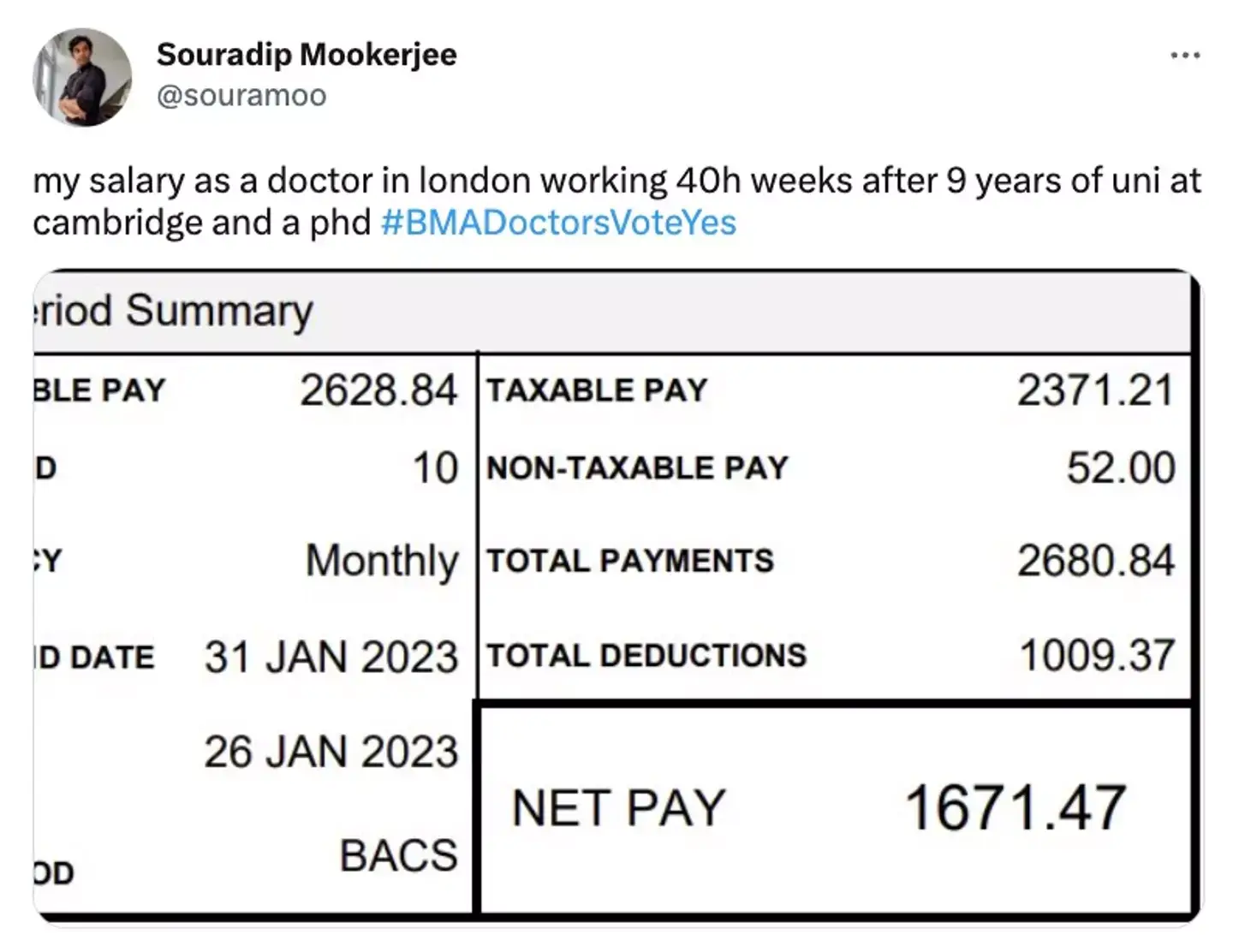 The doctor shared his payslip via X.