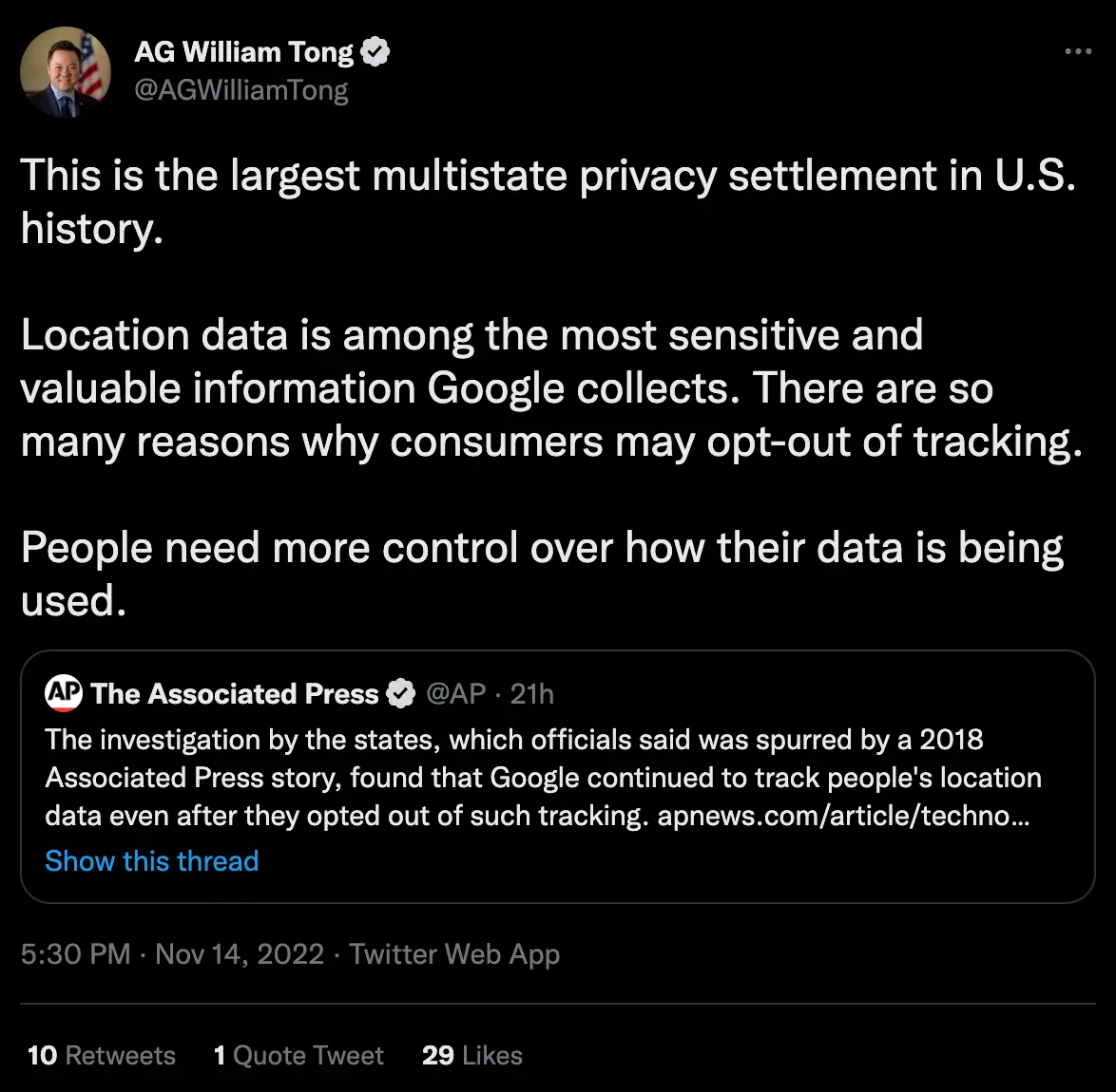 Attorney General of Connecticut William Tong has released a statement in response to the settlement.