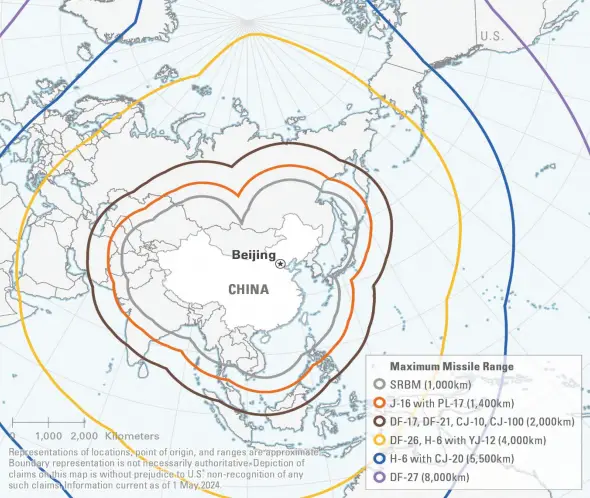 A map in the report shows the range of China's ICBM (Department of War)