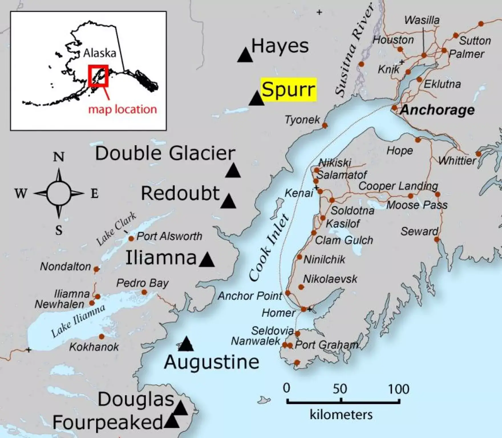 Location of Mount Spurr and Anchorage (Alaska Volcano Observatory/Alaska Division of Geological & Geophysical Surveys)