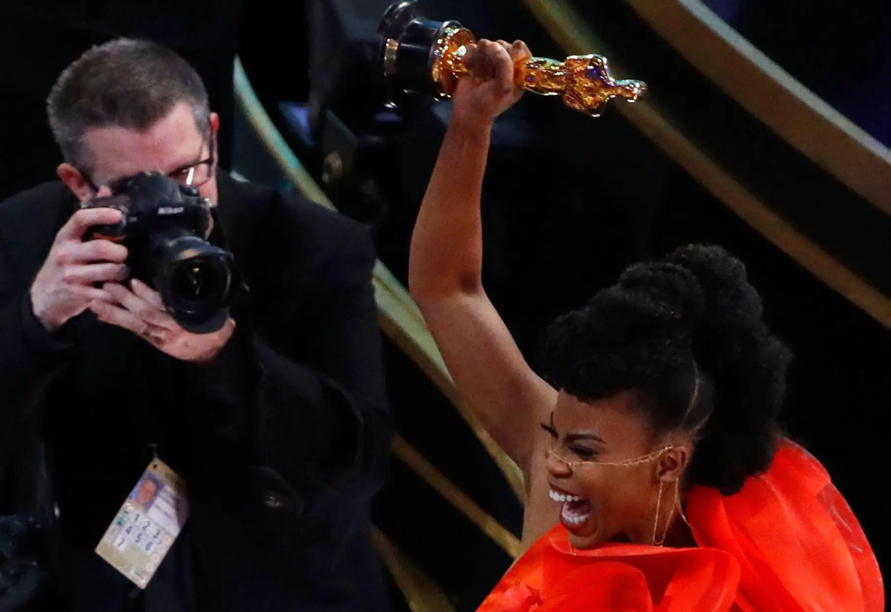 Hannah Beachler celebrating her Oscar win for Best Production Design.