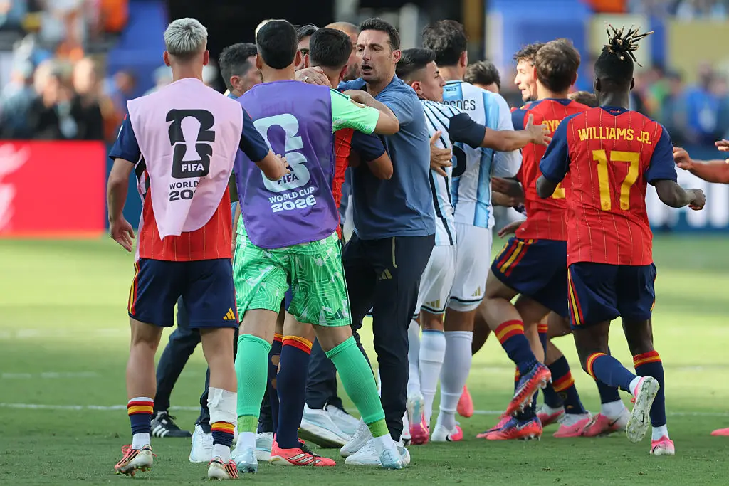 Several on-field fracas occurred after the final whistle of the World Cup Final (Photo by Richard Sellers/Sportsphoto/Allstar via Getty Images)