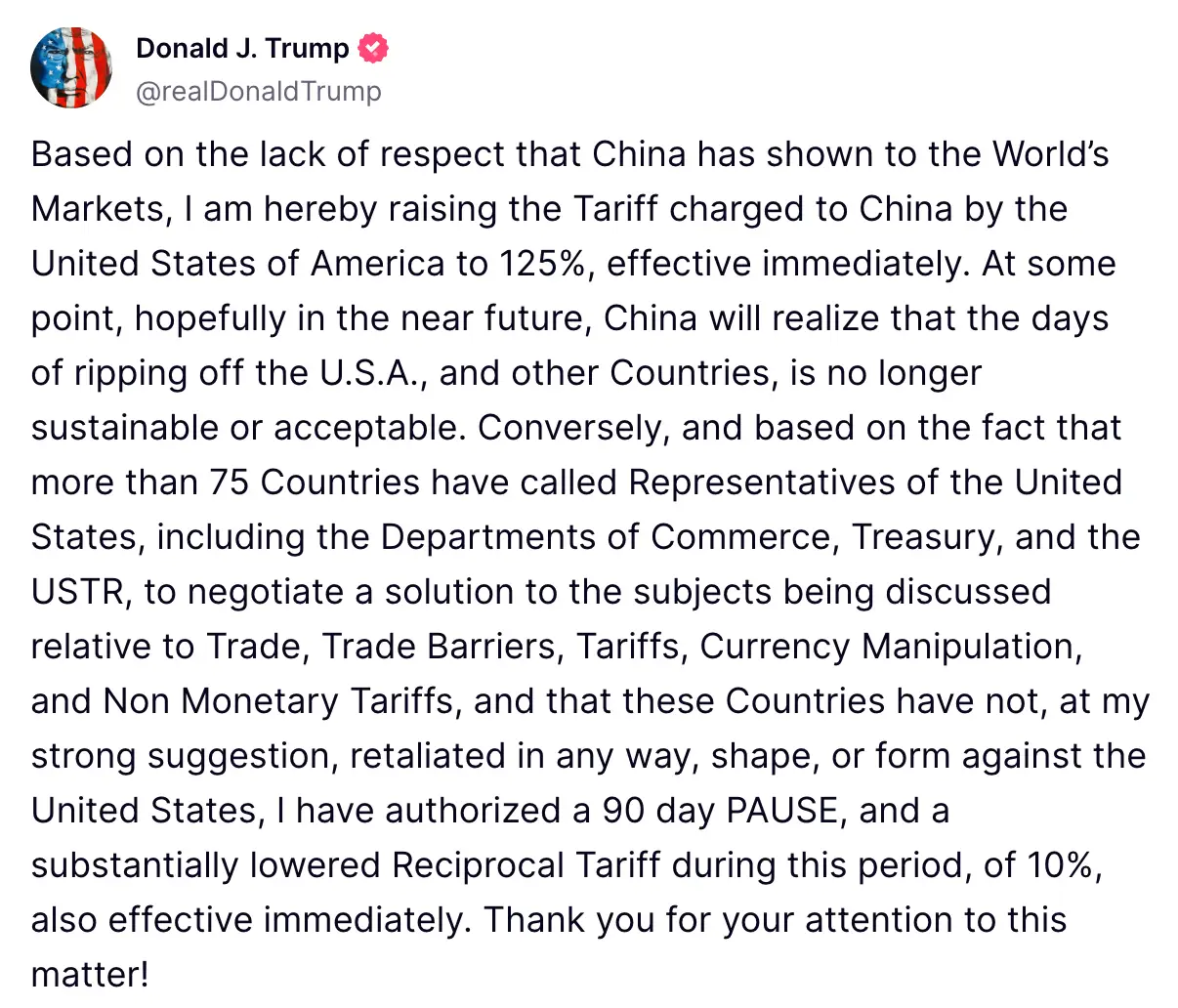 Trump has issued a response to China's relation tariff (@realDonaldTrump/Truth Social)