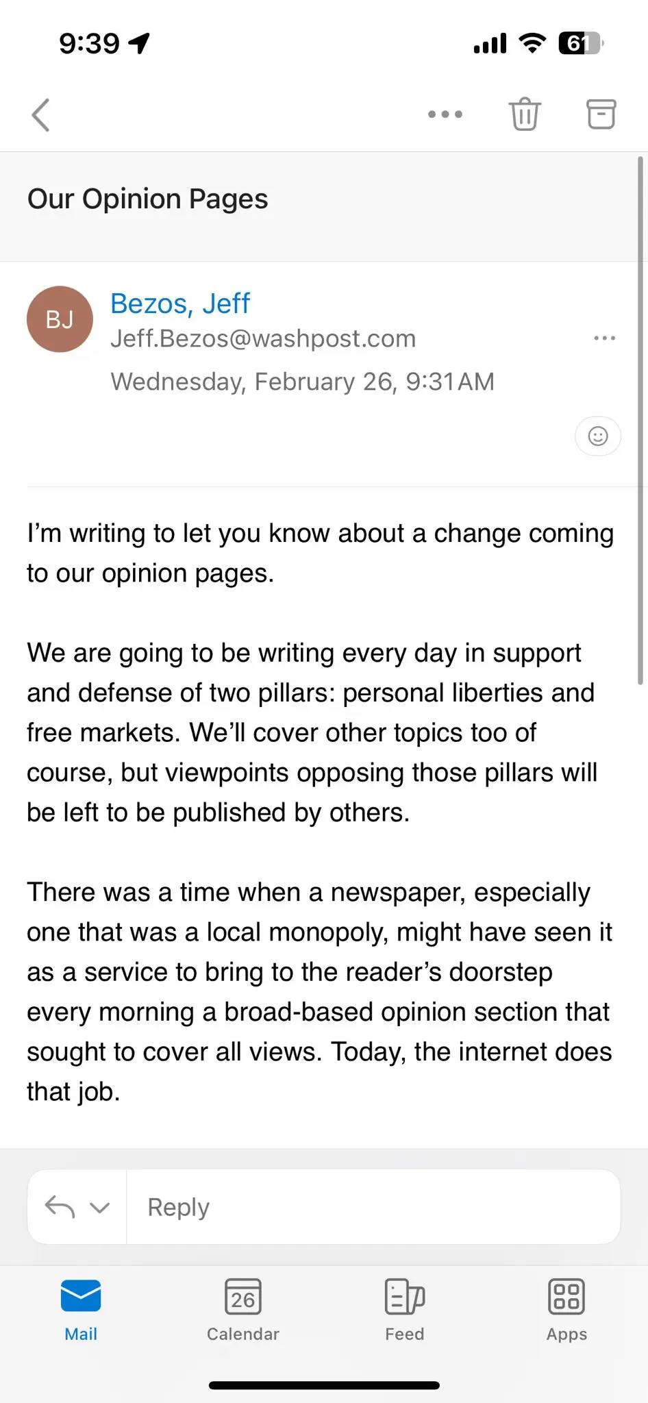 Jeff Bezos sent an email to all Washington Post employees about the opinion pages (Twitter/ @Jstein_WaPo) 