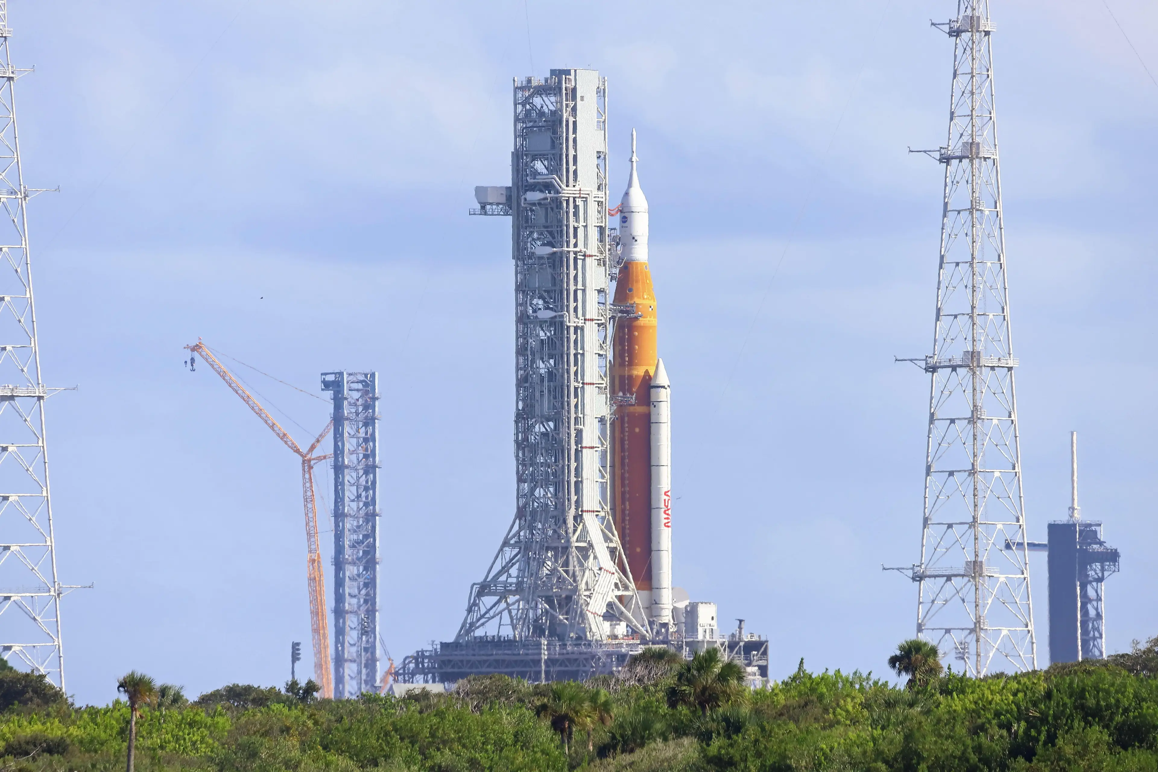 NASA’s brand new, yet-to-fly, Space Launch System (SLS) rocket, pictured, will fly to the Moon this week..