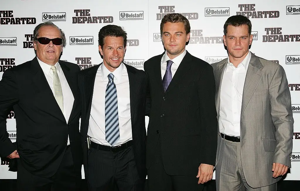 (L to R) Actors Jack Nicholson, Mark Wahlberg, Leonardo DiCaprio and Matt Damon all starred in the Martin Scorcesse classic The Departed (Photo by Evan Agostini/Getty Images)
