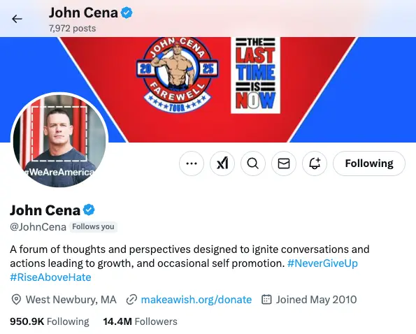 More than 900,000 people have experienced the joy of John Cena following them (Twitter)