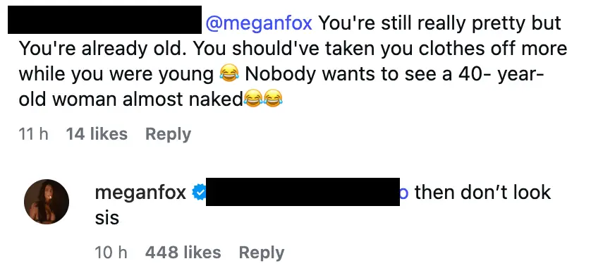 Fox's latest comeback quickly earned support from fans in the comments (Instagram/meganfox)