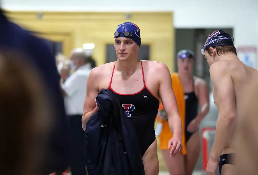 Lia Thomas pictured after winning the 500m freestyle event at the University of Pennsylvania in 2022 (Hunter Martin/Getty Images)