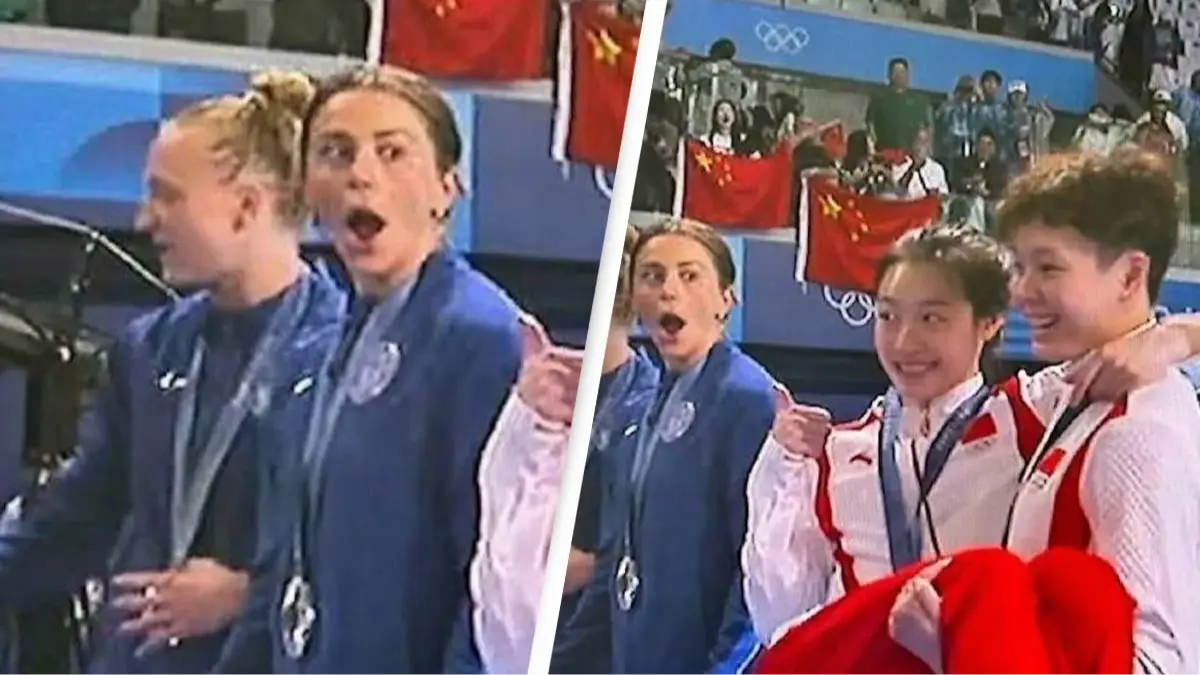 US athletes go viral with shocked reaction to gold winning pose from China's team on Olympic podium