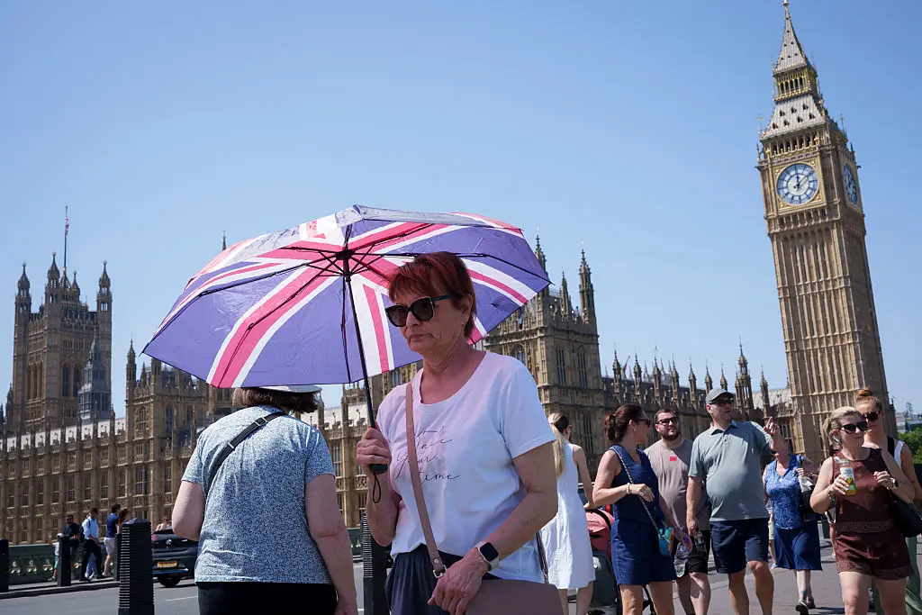 As record-breaking spring temperatures continue in the capital, visitors swealter on Westminster Bridge, on 26th May 2026, in London, England. (Photo by Richard Baker / In Pictures via Getty Images)