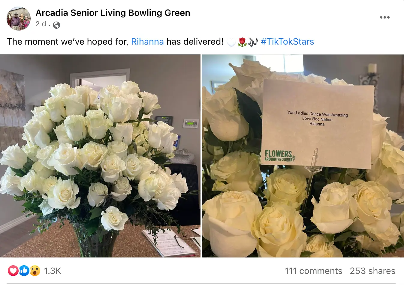 Rihanna sent the residents 100 white roses.