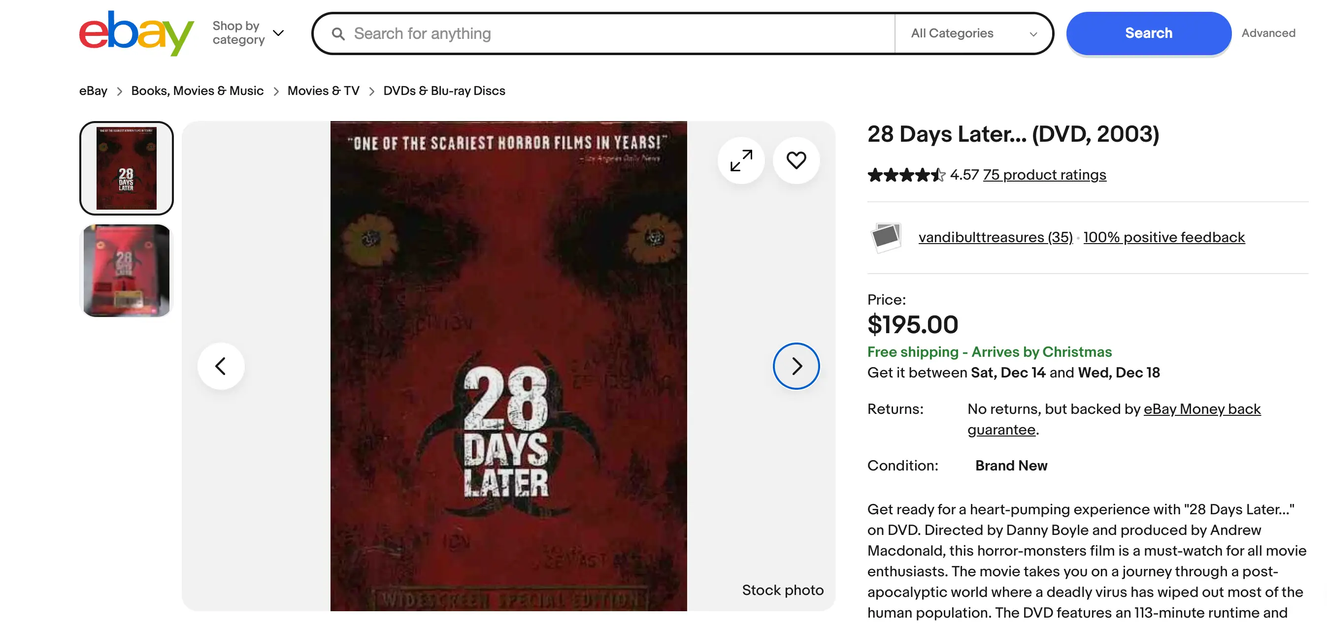 A 28 Days Later DVD is listed for $195 on eBay (eBay)