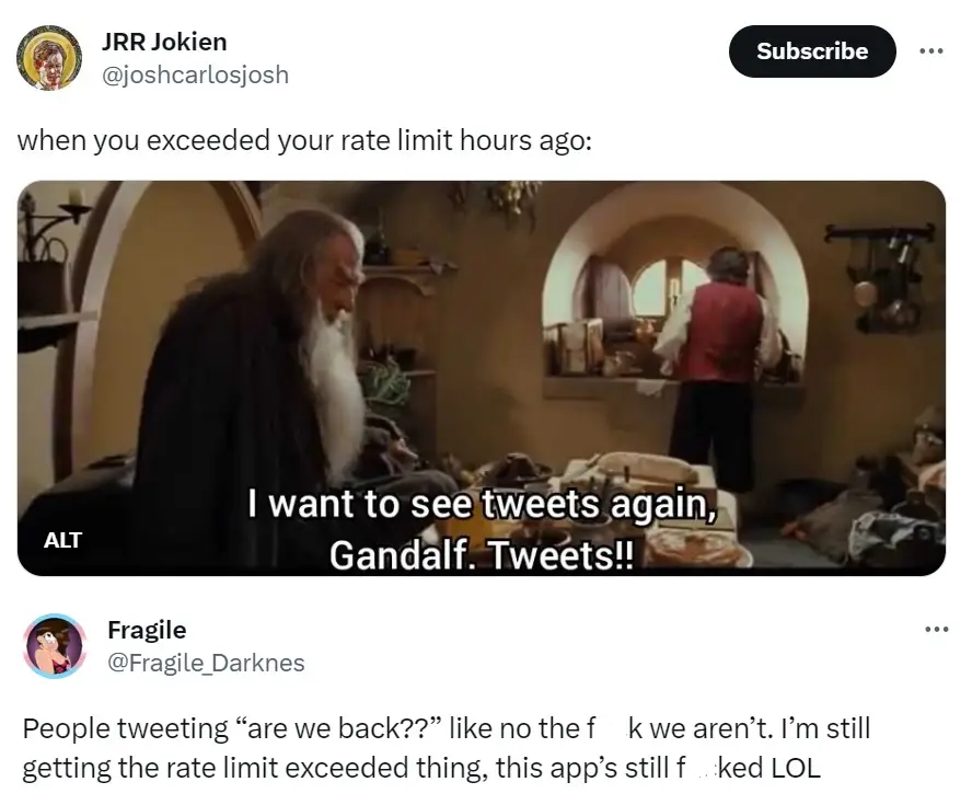 Twitter users weren't happy about being rate limited.