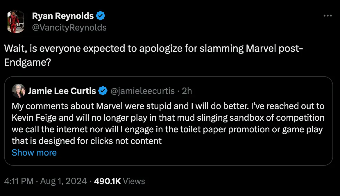 Jamie Lee Curtis has apologized for her comment and who should reply but Ryan Reynolds (Twitter/@jamieleecurtis/@VancityReynolds) 