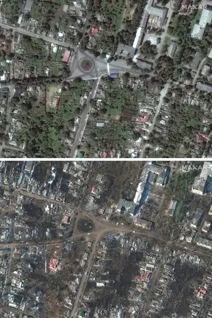 Before and after comparison of damaged homes and buildings in Sumy, Ukraine.