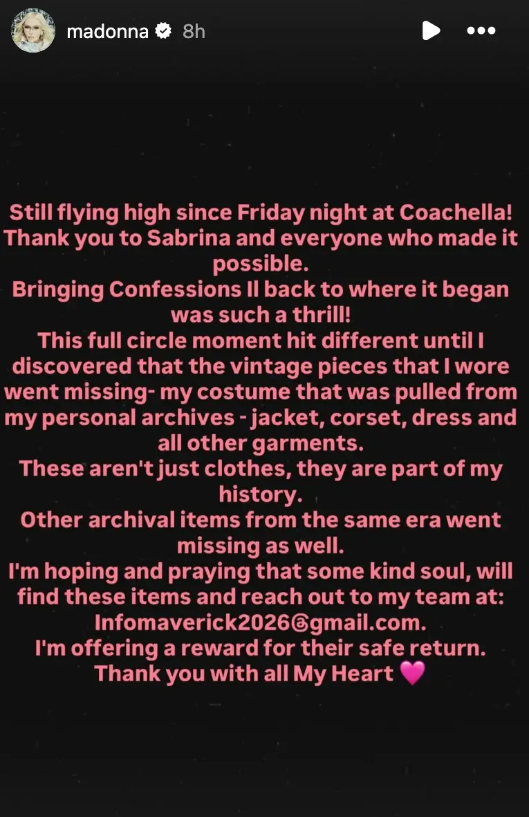 The singer shared a plea for her missing items returns on Instagram (@madonna/instagram)