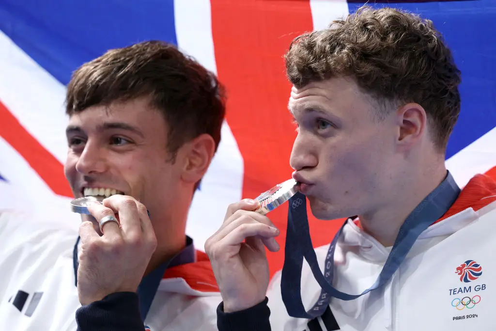 Tom Daly biting down on his silver medal during this year's 2024 Paris Olympics. (Clive Rose/Getty Images)