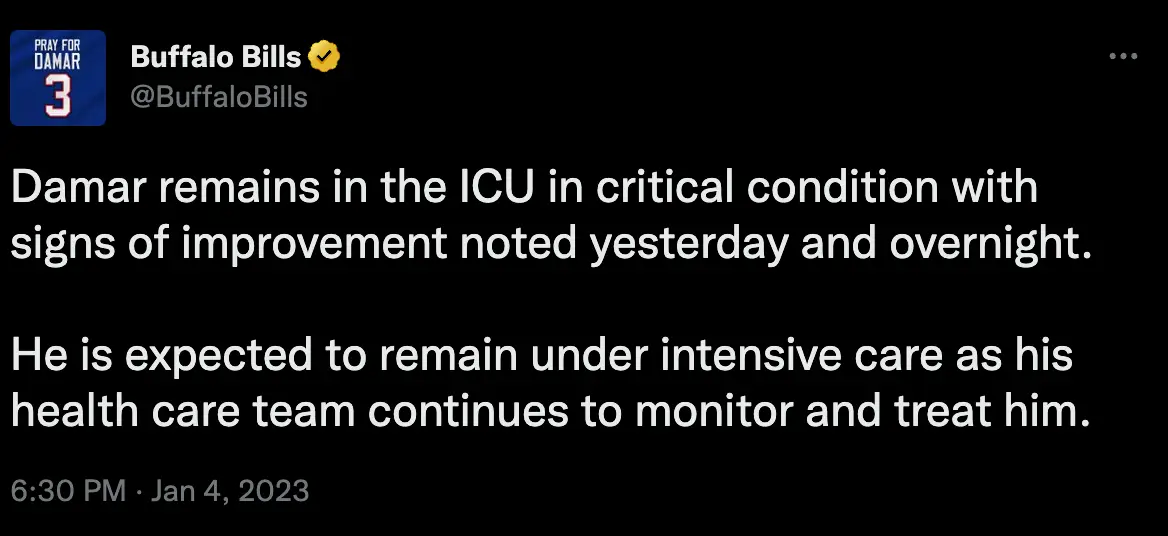 Buffalo Bills posted an update as to Hamlin's condition on Twitter.